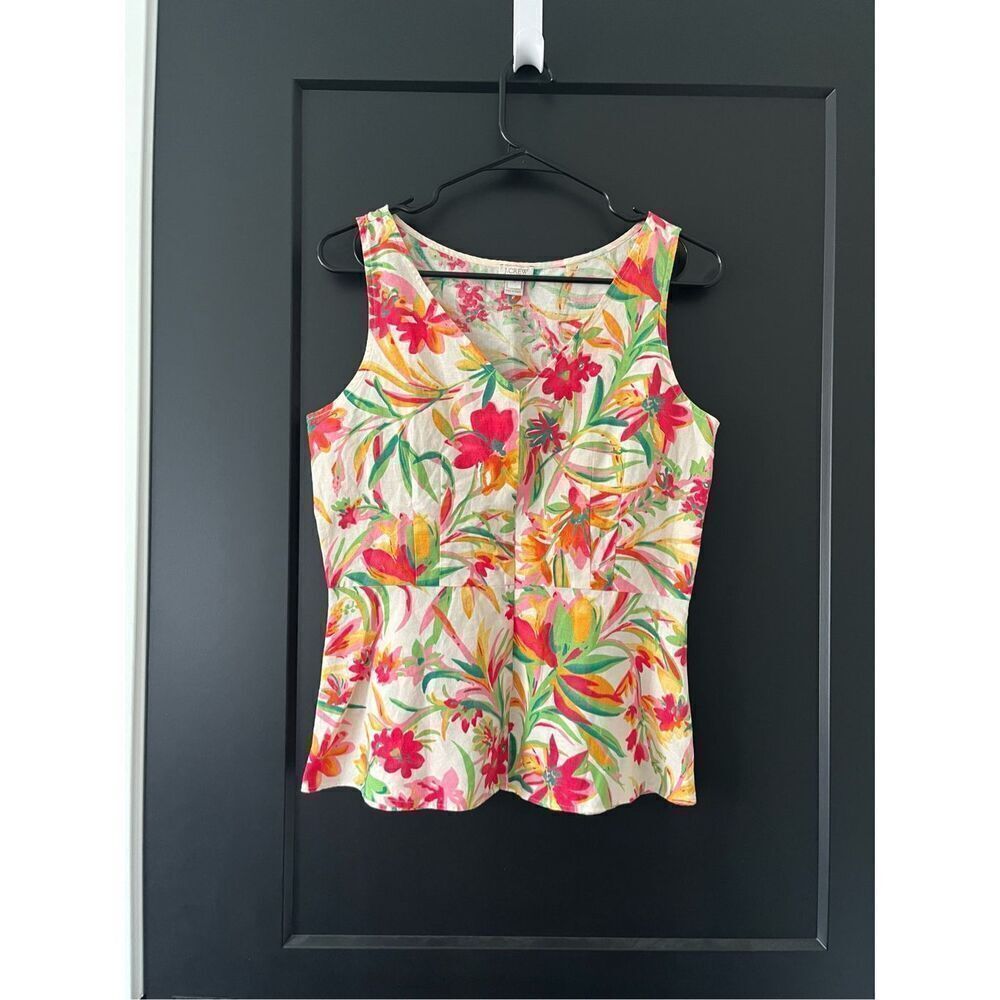 J. Crew Printed Linen Cotton Blend Peplum Tank Top Blouse Size 2